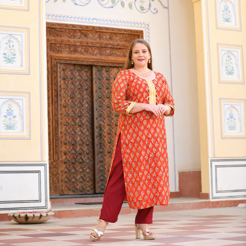 Daisy Orange Gota Patti Handblock Chanderi Kurta