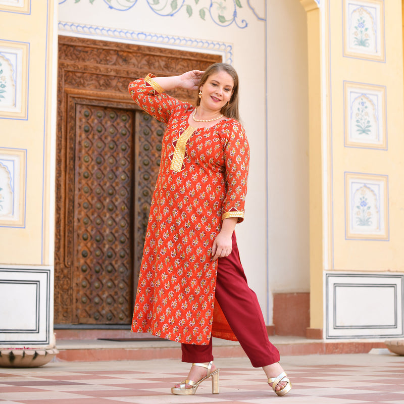 Daisy Orange Gota Patti Handblock Chanderi Suit Set
