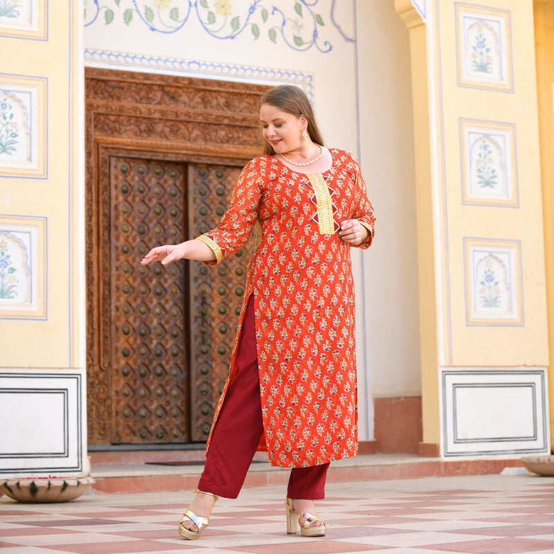 Daisy Orange Gota Patti Handblock Chanderi Suit Set
