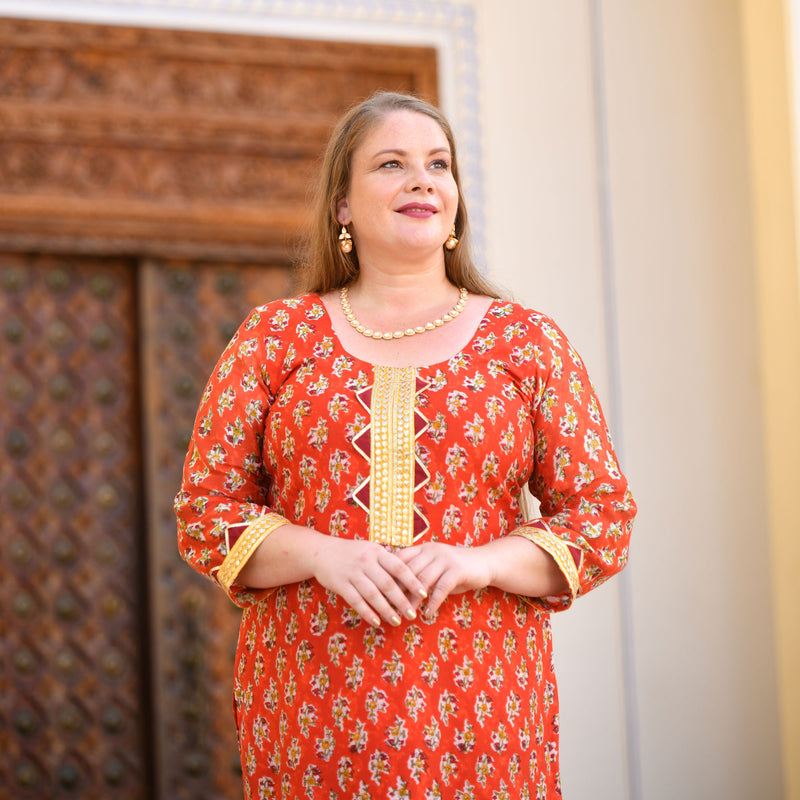 Daisy Orange Gota Patti Handblock Chanderi Suit Set
