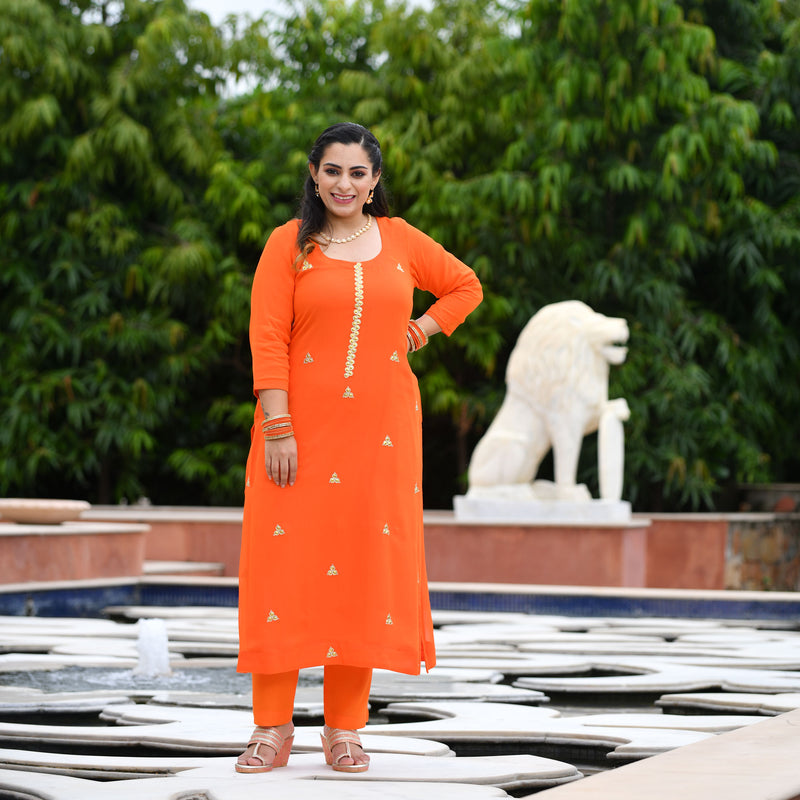 Tiger Orange Handwork Pure Georgette Kurta