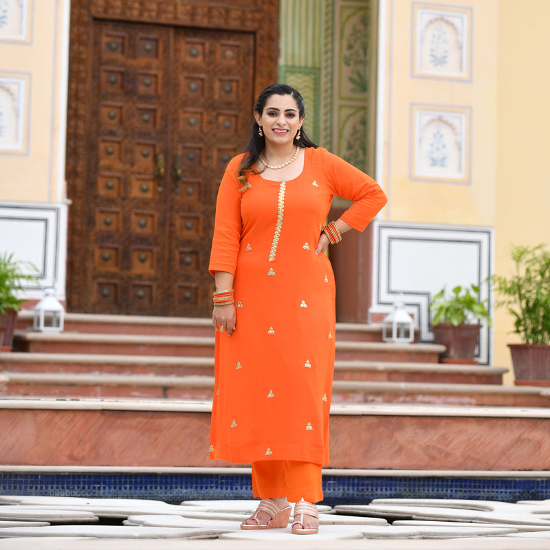 Tiger Orange Handwork Pure Georgette Kurta