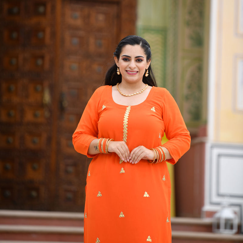 Tiger Orange Handwork Pure Georgette Kurta