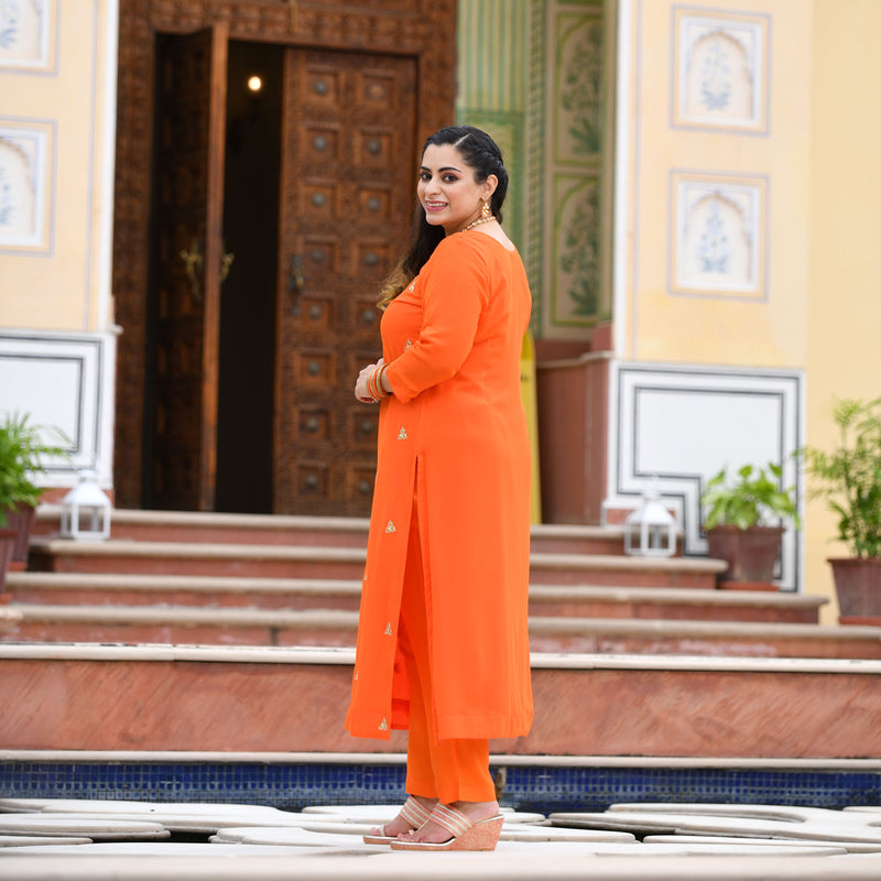 Tiger Orange Handwork Pure Georgette Suit Set