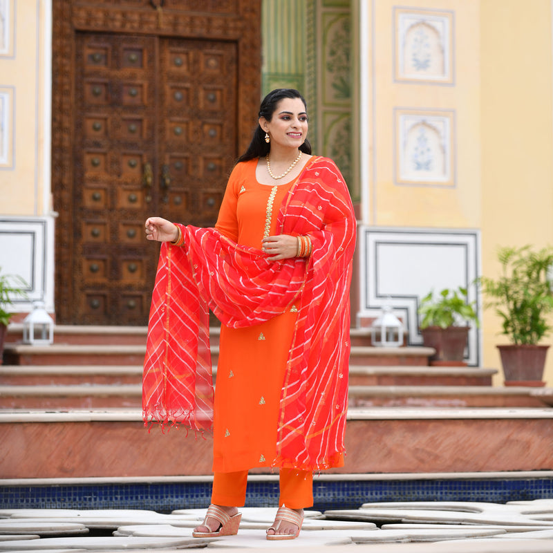 Tiger Orange Handwork Pure Georgette Kurta