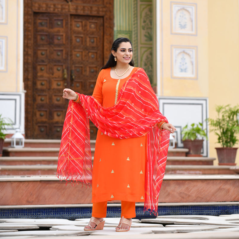 Tiger Orange Handwork Pure Georgette Kurta