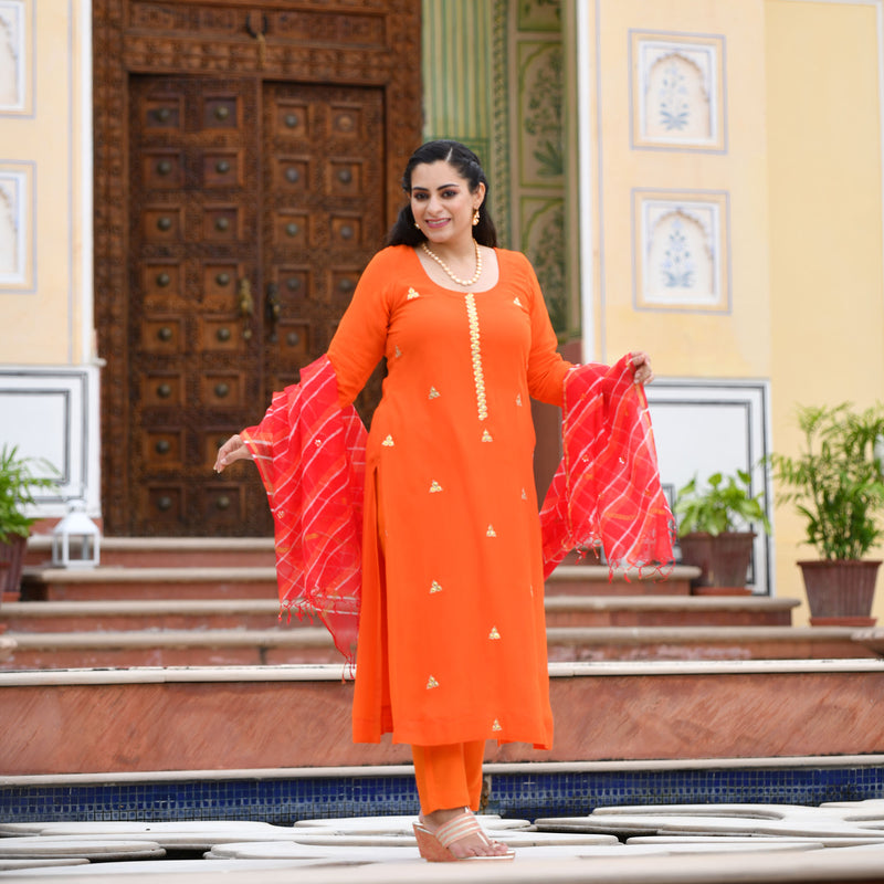 Tiger Orange Handwork Pure Georgette Kurta