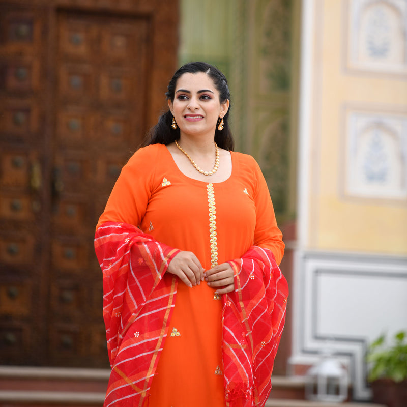 Tiger Orange Handwork Pure Georgette Kurta