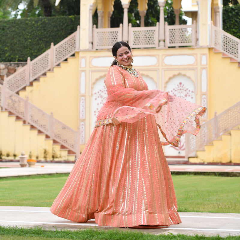 Salmon Pink Sequin Embroidered Anarkali Dress