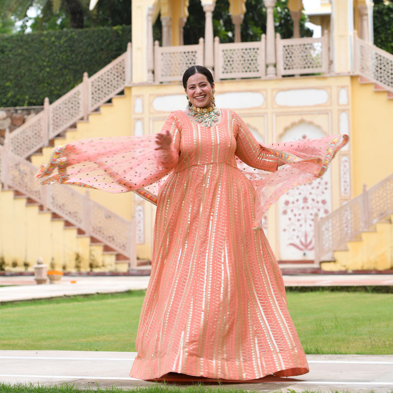 Salmon Pink Sequin Embroidered Anarkali Dress