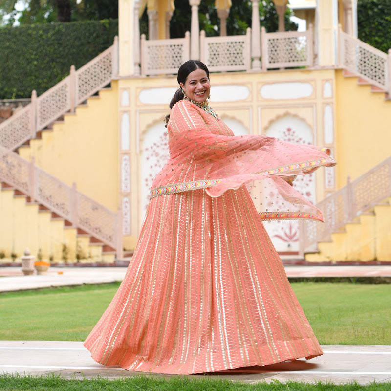 Salmon Pink Sequin Embroidered Anarkali Dress