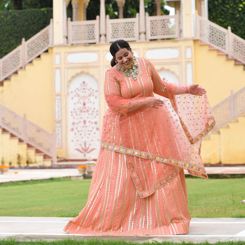 Salmon Pink Sequin Embroidered Anarkali Dress