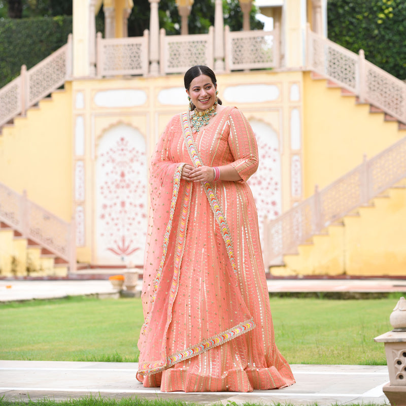 Salmon Pink Sequin Embroidered Anarkali Dress
