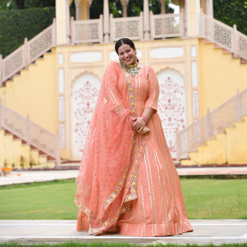 Salmon Pink Sequin Embroidered Anarkali Dress