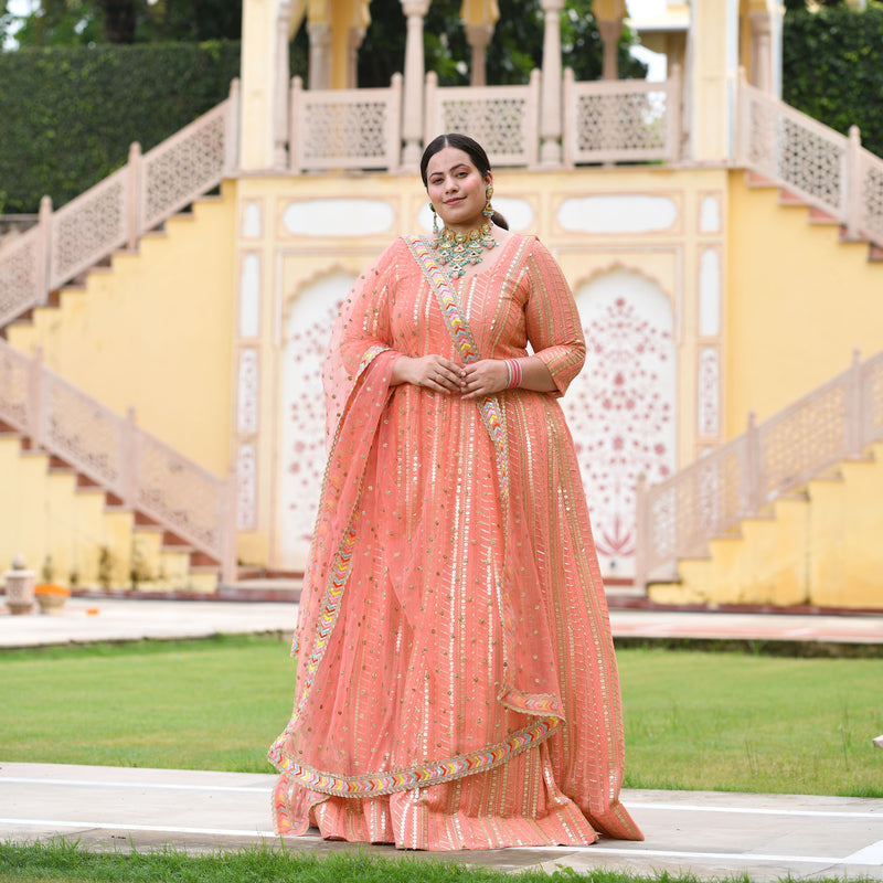 Salmon Pink Sequin Embroidered Anarkali Dress