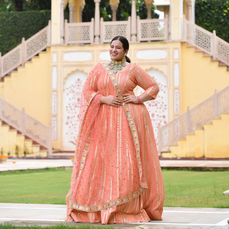 Salmon Pink Sequin Embroidered Anarkali Dress