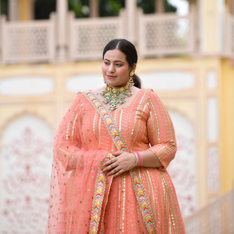 Salmon Pink Sequin Embroidered Anarkali Dress