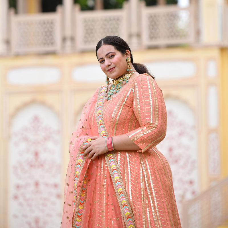Salmon Pink Sequin Embroidered Anarkali Dress