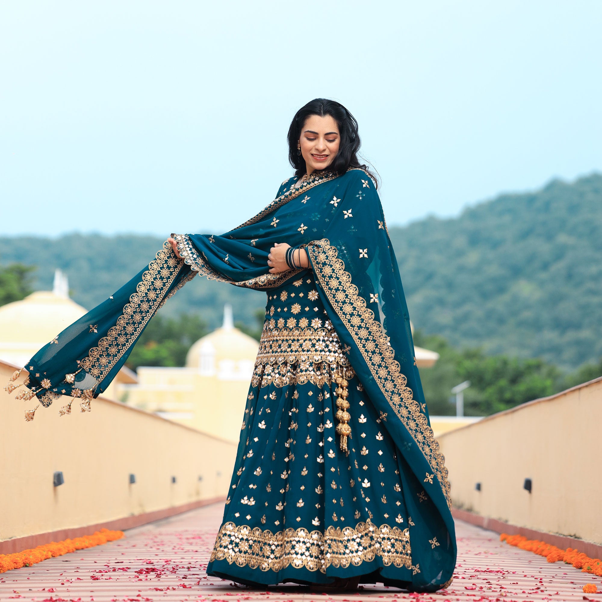Peacock Blue Gota Patti Georgette Lehenga Set