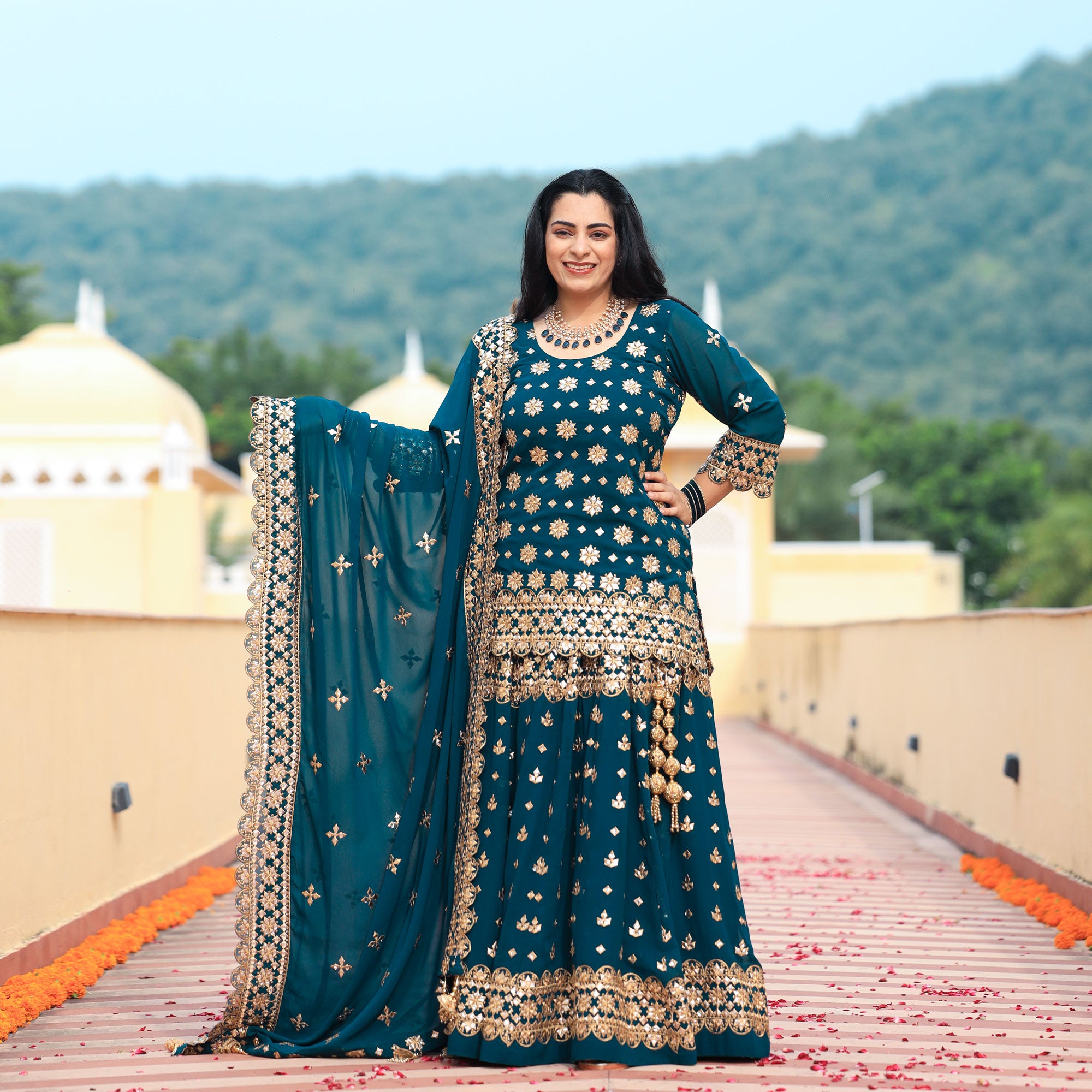 Peacock Blue Gota Patti Georgette Lehenga Set