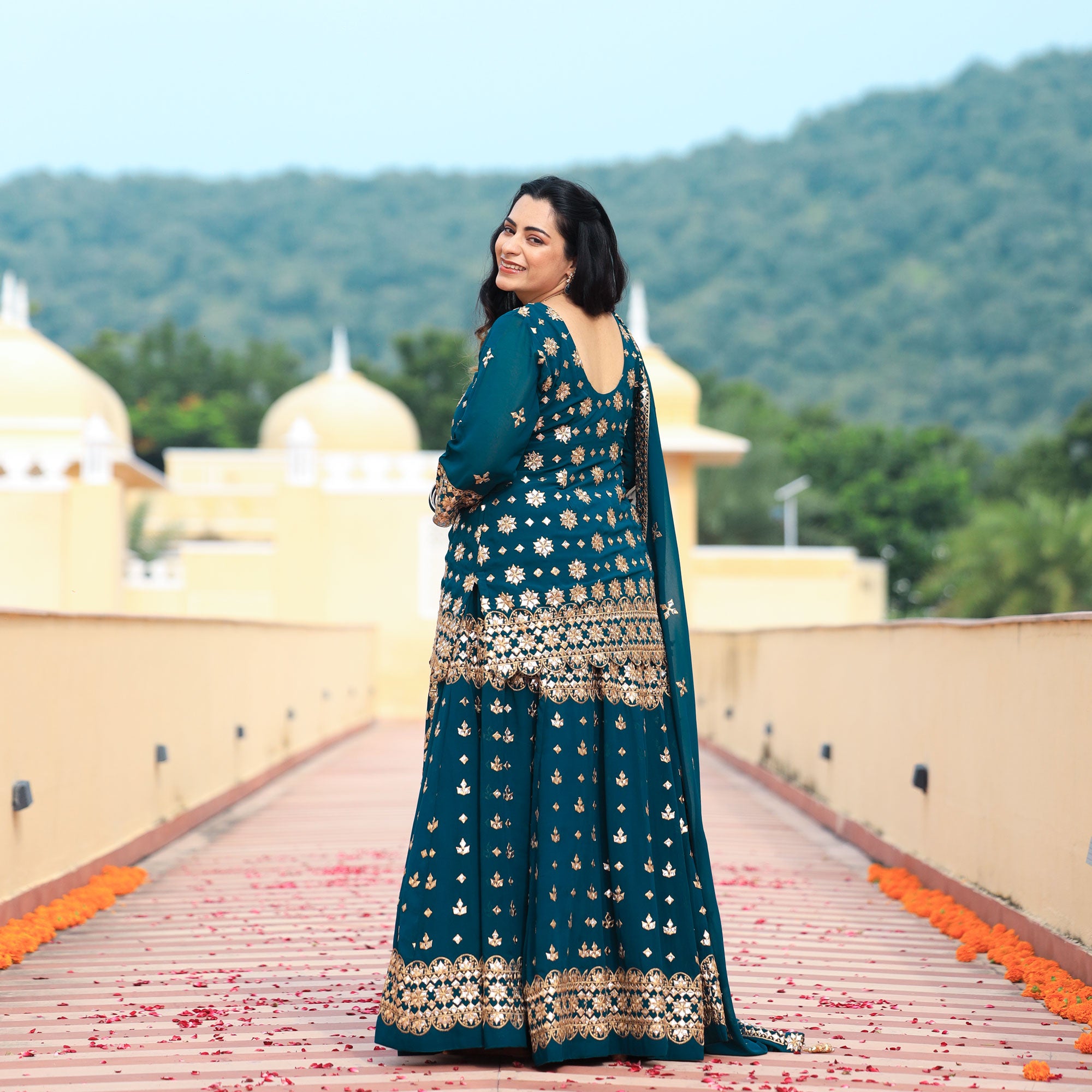 Peacock Blue Gota Patti Georgette Lehenga Set