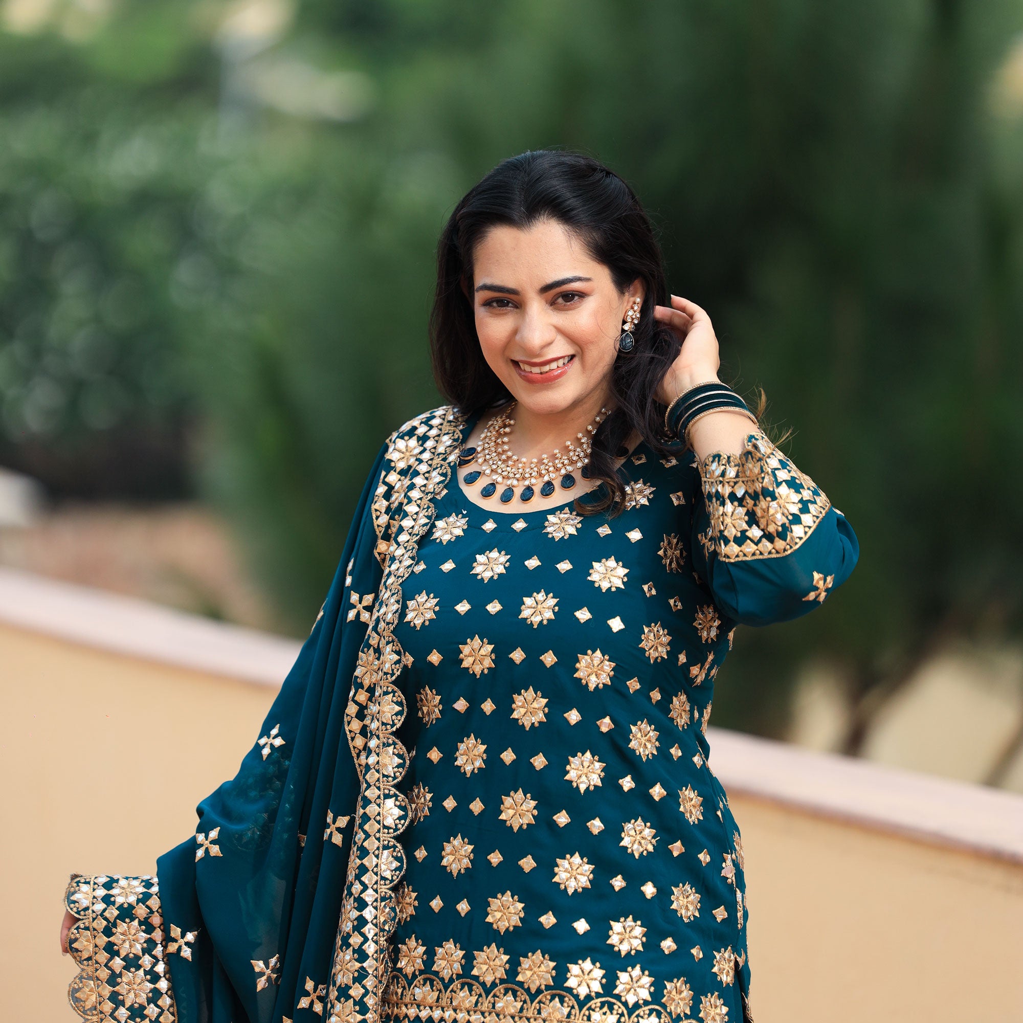 Peacock Blue Gota Patti Georgette Lehenga Set