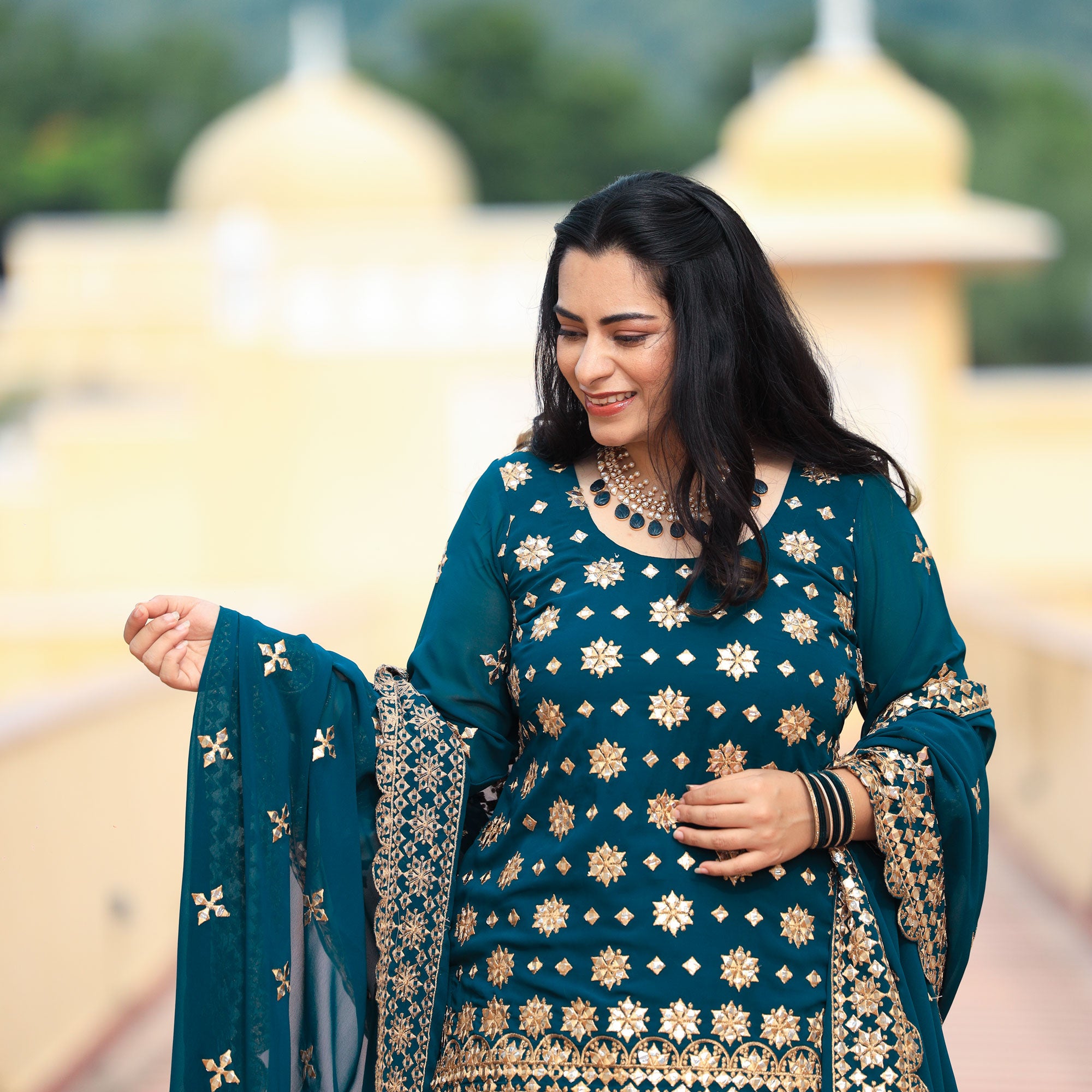 Peacock Blue Gota Patti Georgette Lehenga Set