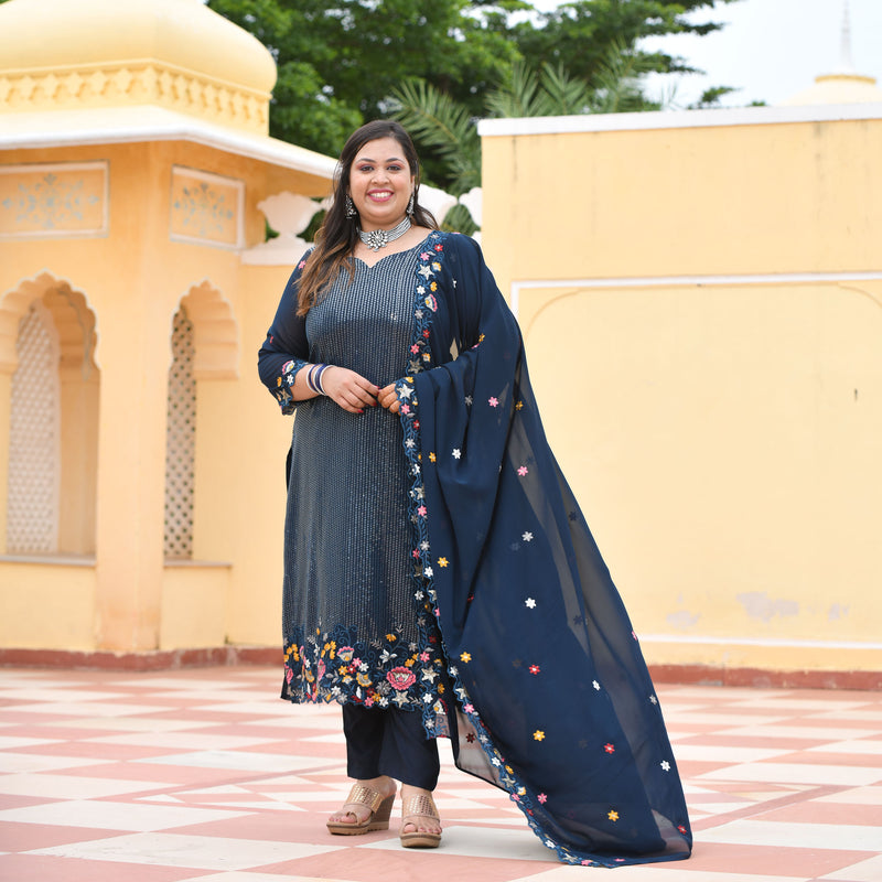 Tealish Blue Sequin Embroidered Kurta