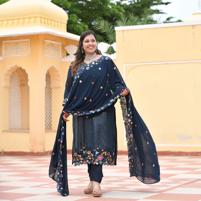 Tealish Blue Sequin Embroidered Kurta
