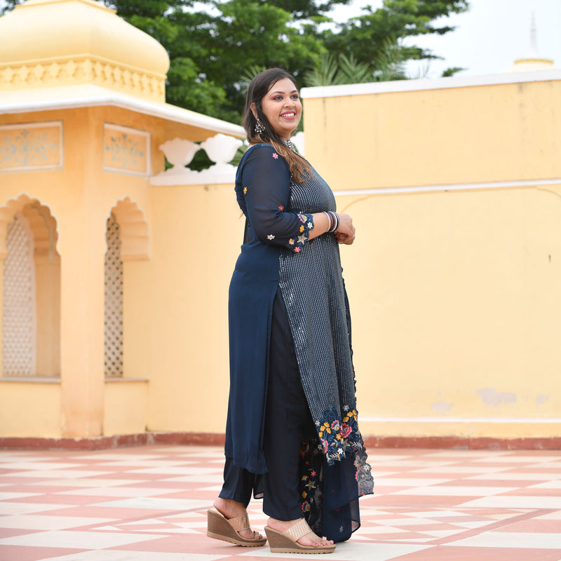 Tealish Blue Sequin Embroidered Kurta