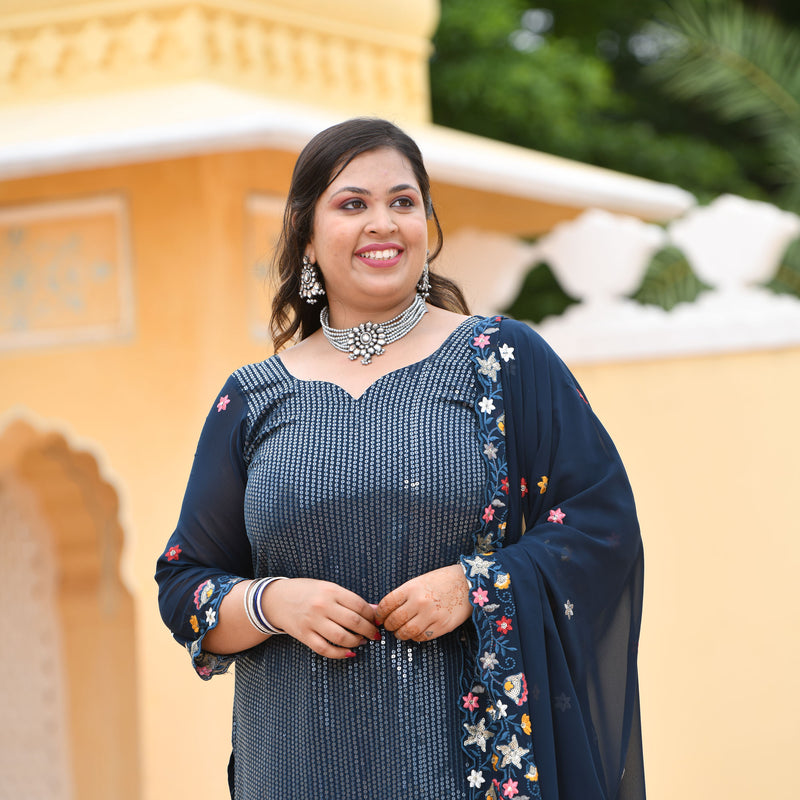 Tealish Blue Sequin Embroidered Kurta