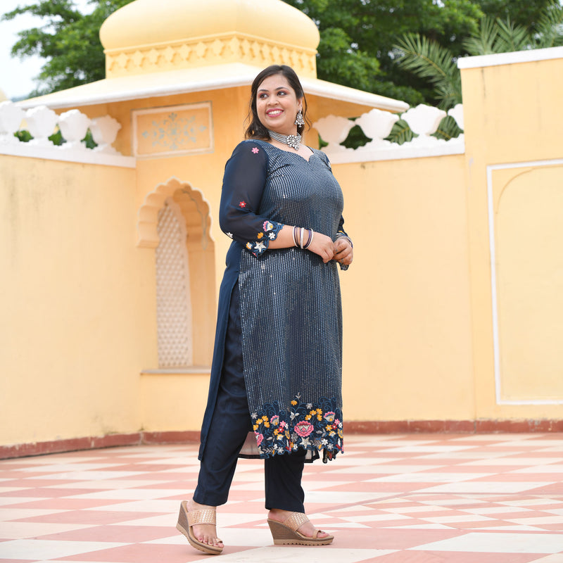 Tealish Blue Sequin Embroidered Kurta