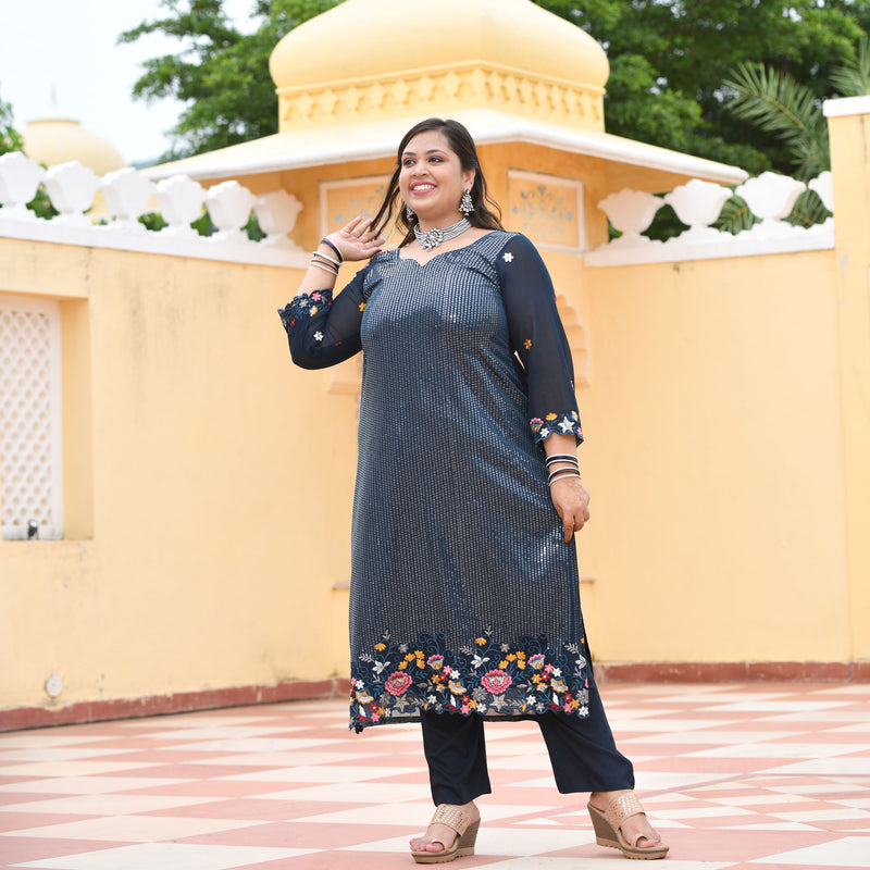 Tealish Blue Sequin Embroidered Kurta