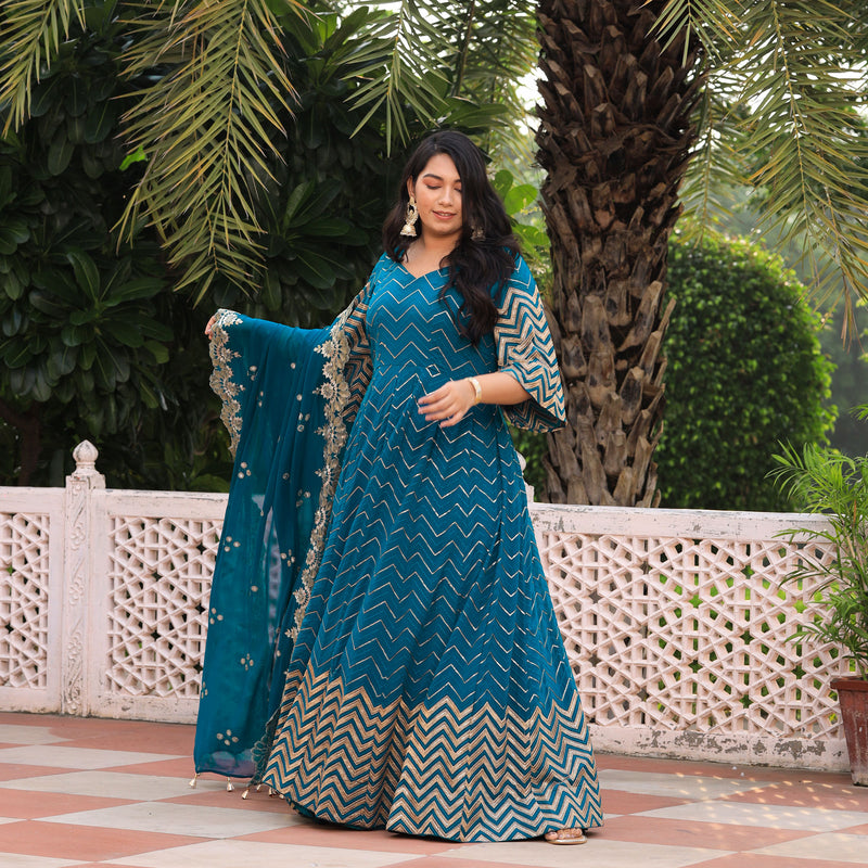 Electric Blue Embroidered  Georgette Anarkali