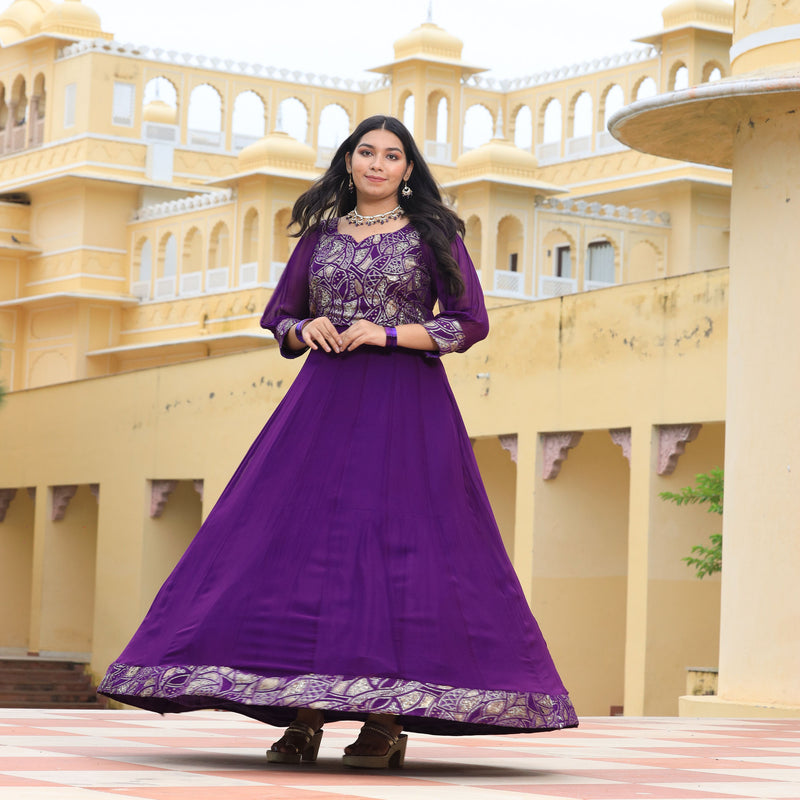 Purple Iris Pure Georgette Embroidered Anarkali Dress