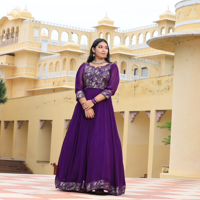 Purple Iris Pure Georgette Embroidered Anarkali Dress