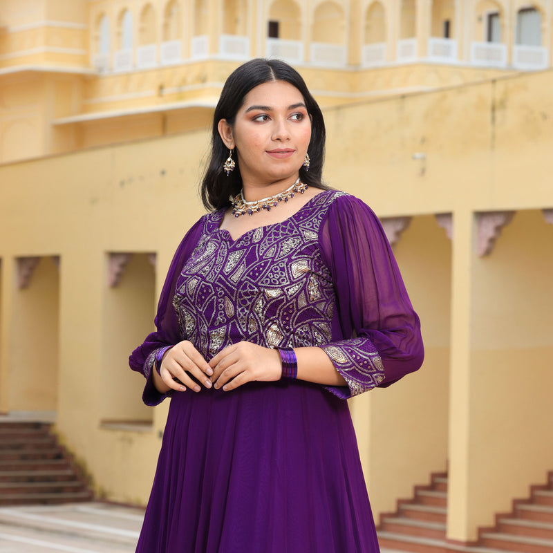 Purple Iris Pure Georgette Embroidered Anarkali Dress