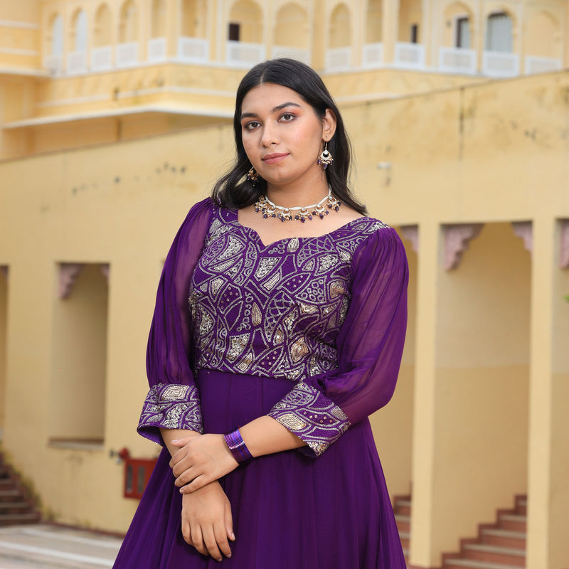Purple Iris Pure Georgette Embroidered Anarkali Dress