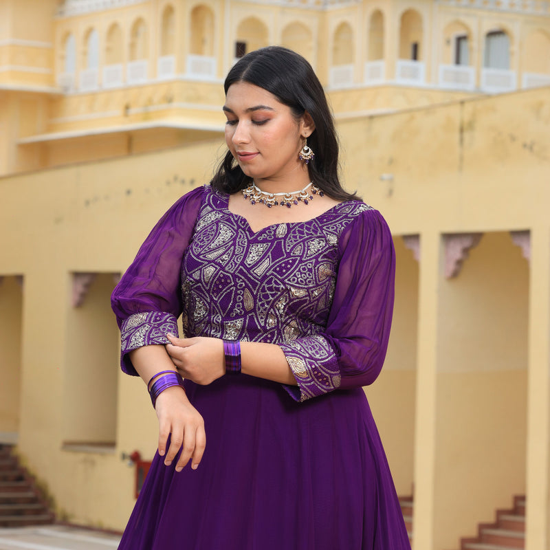 Purple Iris Pure Georgette Embroidered Anarkali Dress