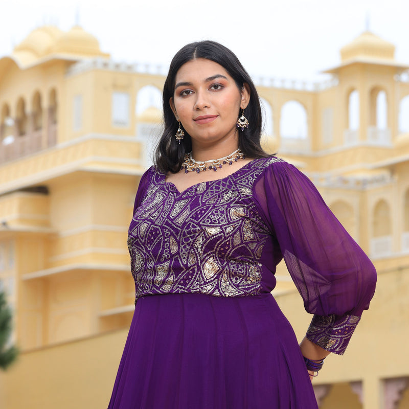 Purple Iris Pure Georgette Embroidered Anarkali Dress