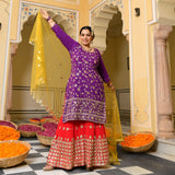 Grape Glam Sequin Embroidered Pure Georgette Sharara Set