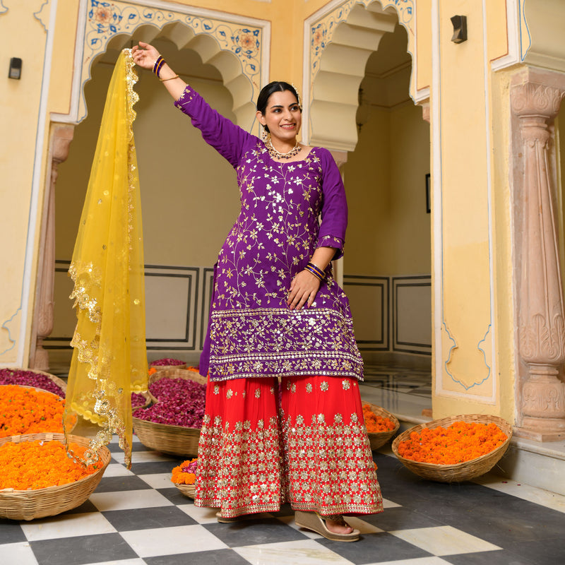 Grape Glam Sequin Embroidered Pure Georgette Sharara Set