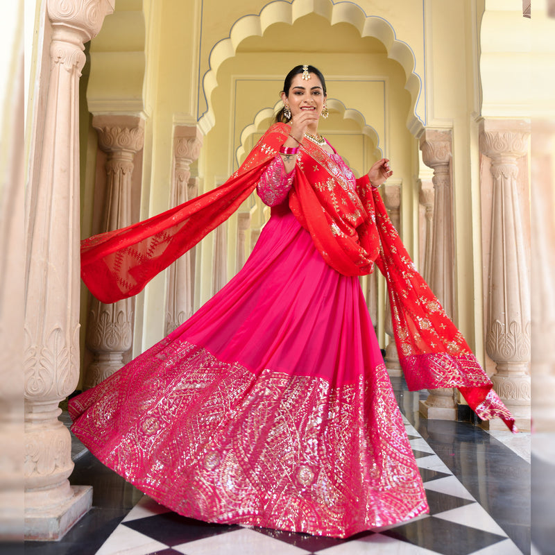 Glitz Pink & Red Sequin Embroidered Anarkali Dress