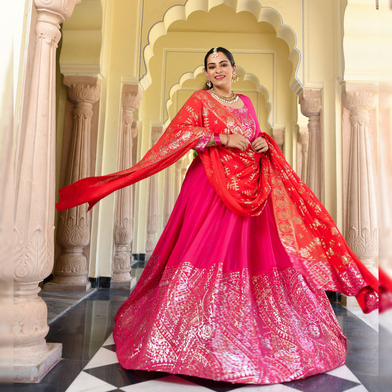 Glitz Pink & Red Sequin Embroidered Anarkali Dress