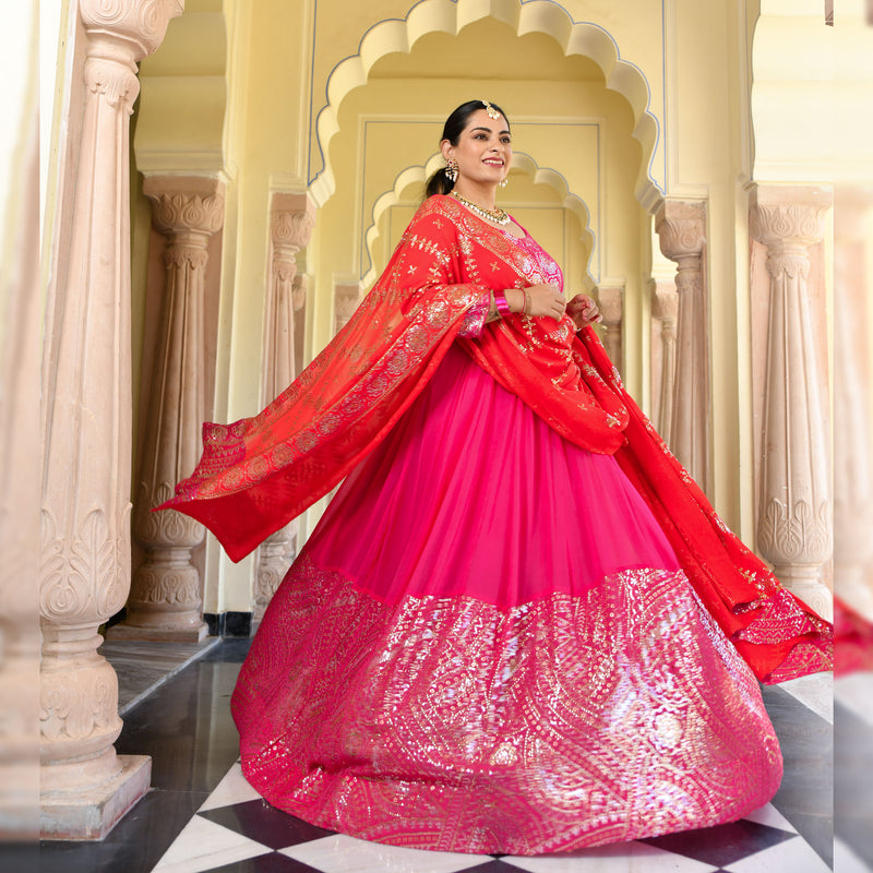 Glitz Pink & Red Sequin Embroidered Anarkali Dress