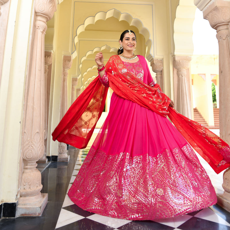 Glitz Pink & Red Sequin Embroidered Anarkali Dress