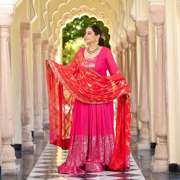 Glitz Pink & Red Sequin Embroidered Anarkali Dress