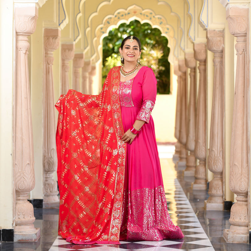 Glitz Pink & Red Sequin Embroidered Anarkali Dress