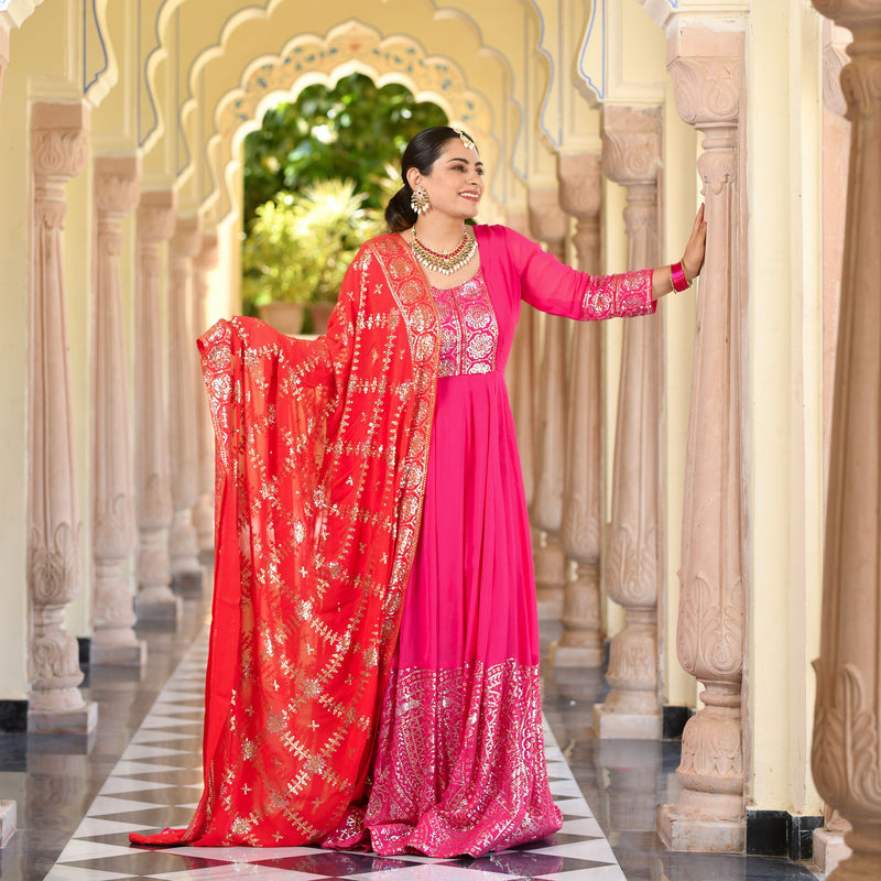Glitz Pink & Red Sequin Embroidered Anarkali Dress