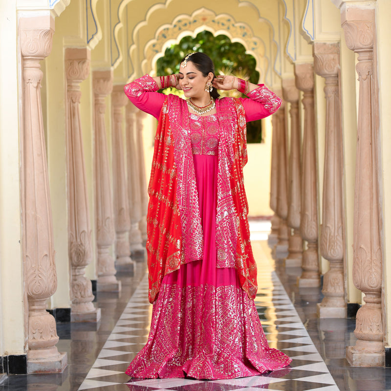 Glitz Pink & Red Sequin Embroidered Anarkali Dress
